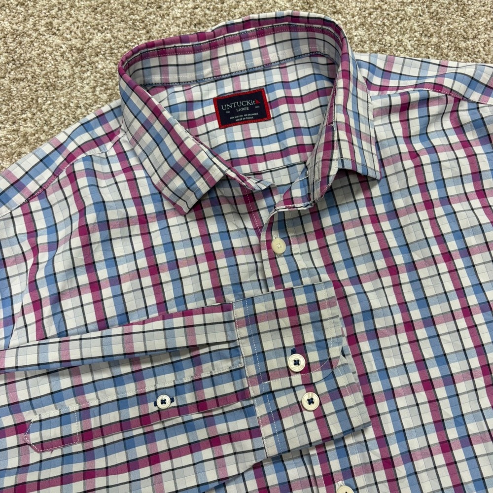 UNTUCKit Pin Oak Mens Large Purple Blue Plaid Performance Stretch Shirt Nylon